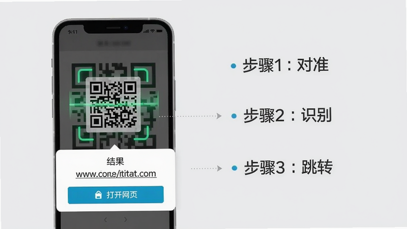 使用指南示意图,画面展示一部手机正在扫描一个二维码,扫码成功后在屏幕下方弹出结果弹窗,弹窗内显示网址链接和“打开网页”按钮,背景为浅灰色,旁边有文字标注“步骤1:对准”“步骤2:识别”“步骤3:跳转”。
