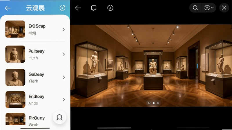 云观展app主界面截图,左侧为展品列表,右侧为全景VR画面,背景是博物馆展厅,色调温暖,细节丰富,适配Boogu模型生成