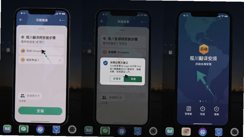观川翻译师安装步骤截图,展示手机屏幕中点击安装按钮、权限请求弹窗、以及完成安装后的启动界面,背景为深色桌面,突出操作流程清晰