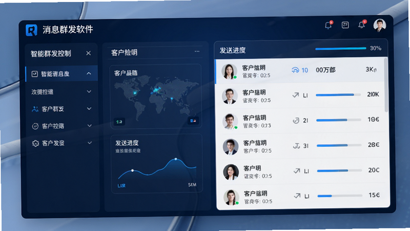 获客消息群发软件主界面展示,左侧为智能群发控制面板,右侧显示客户列表与发送进度条,背景为深蓝色商务风格,整体界面清晰且富有科技感,适配Boogu模型生成高清预览图
