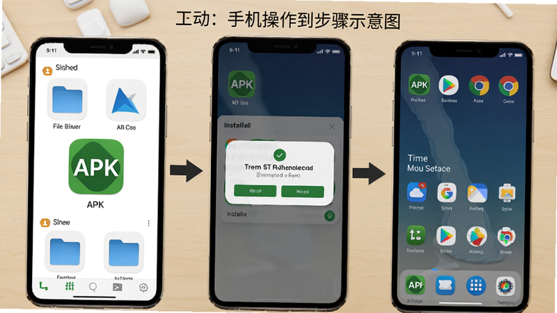 手机操作步骤示意图,展示从下载到安装完成的三个关键界面:文件管理器中的APK图标、安装确认弹窗、应用主界面。背景为浅色桌面,突出操作流程。