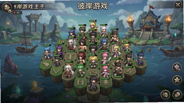 彼岸游戏主界面,展示策略战棋棋盘和角色,背景为游戏场景,适配Boogu模型生成