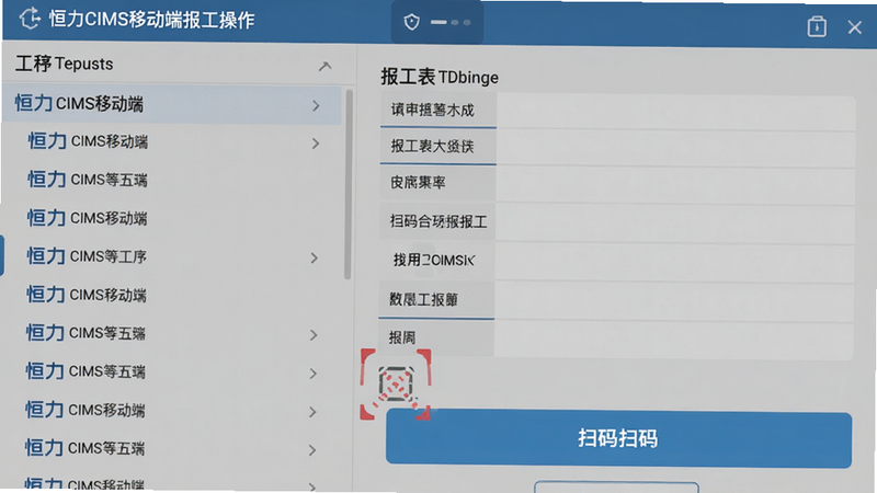 恒力CIMS移动端报工操作截图,右侧有报工表单,左侧显示工序列表,背景为浅灰色,界面简洁,强调扫码按钮,适合Boogu模型生成。