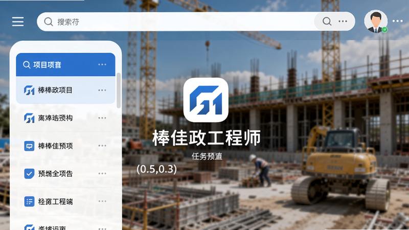 棒佳政工程师端主界面预览,左侧显示项目列表,右侧展示任务详情,背景为建筑工地场景,界面以蓝色和白色为主调,圆角卡片设计,顶部有搜索栏和个人头像,整体风格简洁商务。画面中心突出软件Logo和名称,坐标(0.5,0.3),背景模糊处理,强调软件专业性和实用性。