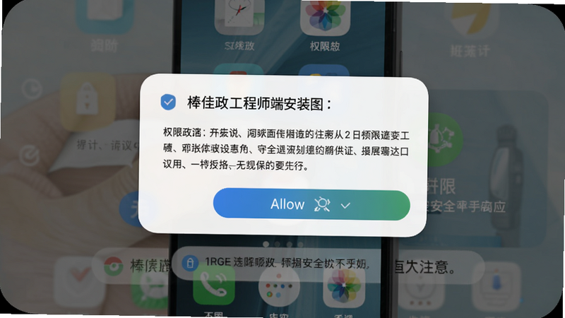 棒佳政工程师端安装界面截图,显示权限请求对话框,背景为手机桌面,用户点击允许按钮,画面聚焦在权限说明文字上,风格为手机截屏样式,带有圆角边框,提示用户注意权限安全。