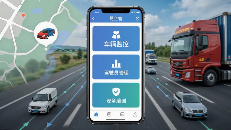 易企管APP主界面截图,展示车辆监控、驾驶员管理、安全培训三大功能模块,背景为道路运输场景,画面中心是APP界面,周围有地图和车辆图标,风格清晰专业。