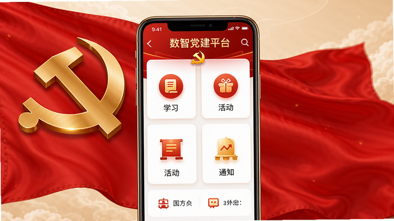 数智党建app主界面预览图,展示首页功能模块,背景为红色党旗元素,画面中心是手机屏幕显示数智党建平台界面,包含学习、活动、通知等图标,整体风格庄重而现代,色彩以红金为主,突出党建主题。