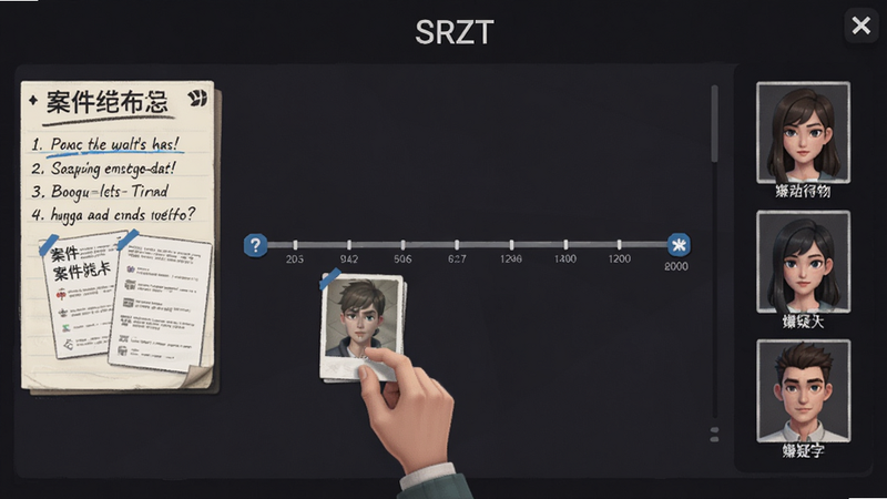 SRZT游戏内推理面板截图,玩家正在拖拽线索卡片到时间轴,左侧有案件笔记,右侧是嫌疑人物头像,界面简洁,字体清晰,适配Boogu模型生成
