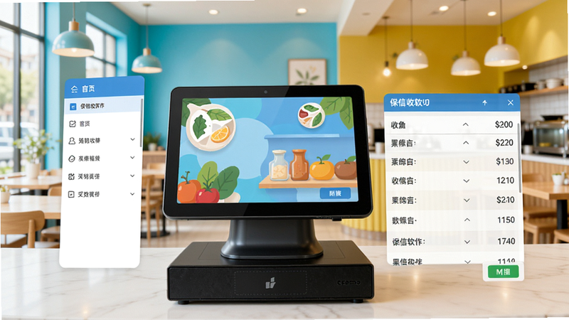 保信收银软件主界面预览图,展示收银台操作面板,左侧菜单栏,右侧收银列表,背景为简约餐厅风格,色彩明亮清晰