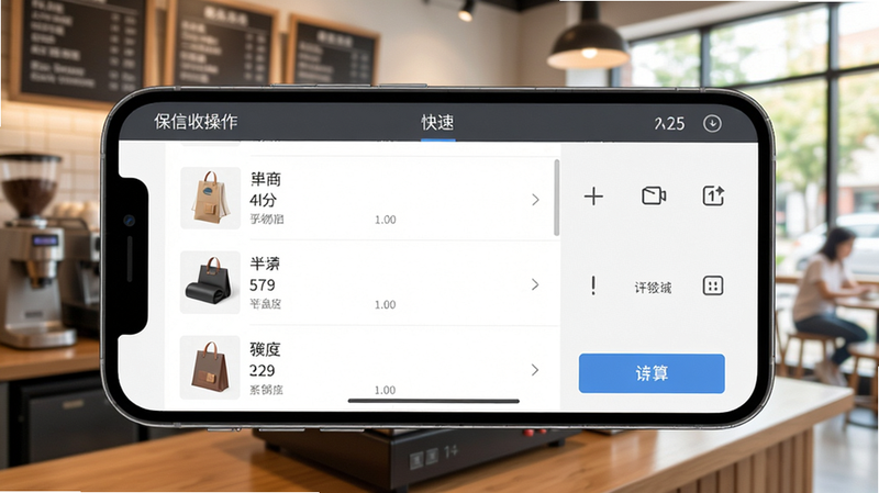 保信收银操作界面截图,展示手机横屏时商品列表与结算按钮,背景为明亮咖啡馆,突出快捷按键和结算流程