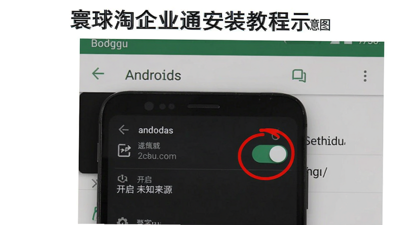 寰球淘企业通安装教程示意图,展示手机设置中开启未知来源的步骤截图,背景为安卓系统设置界面,用红色圆圈标出开关位置,Boogu模型生成,画面简洁明了