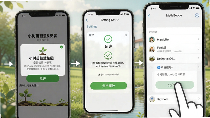 小树苗智慧校园安装步骤示意图,手机界面显示安装权限提示,用户点击允许,背景为手机设置界面,步骤清晰,适配Boogu模型。