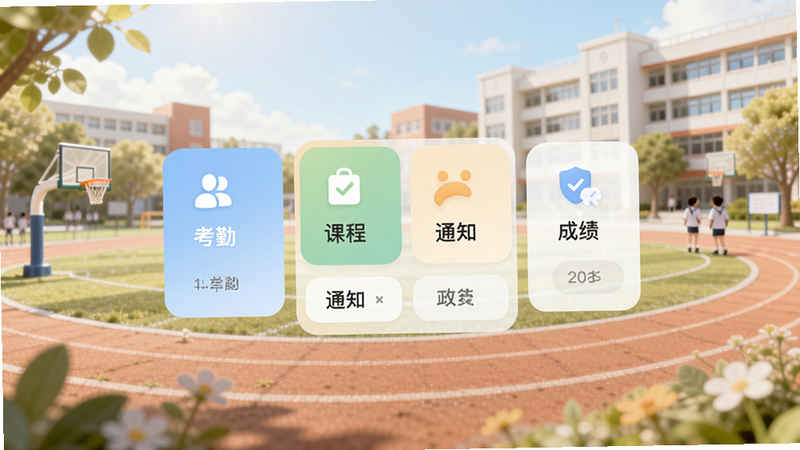 小树苗智慧校园APP主界面截图,画面中央展示首页功能卡片,包括考勤、课程、通知、成绩等,背景为明亮的校园操场和教学楼,色彩柔和,界面简洁,整体风格清新现代,适配Boogu模型生成。