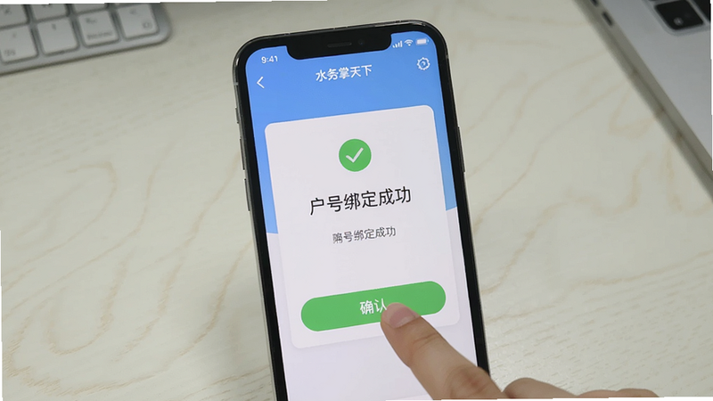 一张展示水务掌天下app在手机上的操作截图,屏幕显示“户号绑定成功”提示,手指点击确认按钮,背景是浅色桌面,画面干净,突出教程步骤,适合Boogu模型生成。