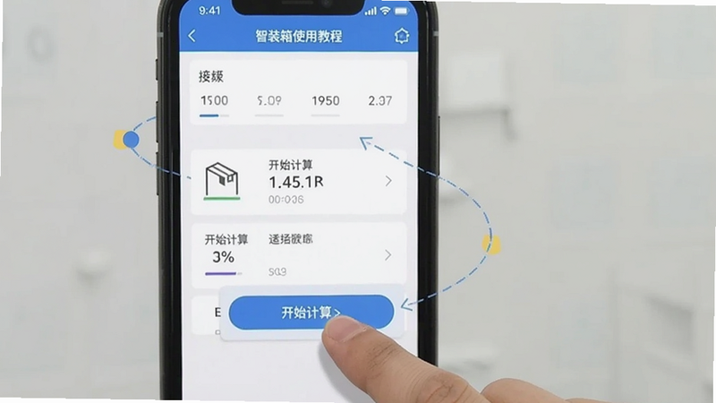 智装箱使用教程截图,手机屏幕上显示软件主界面,手指点击“开始计算”按钮,背景为简约风格,适配Boogu模型生成