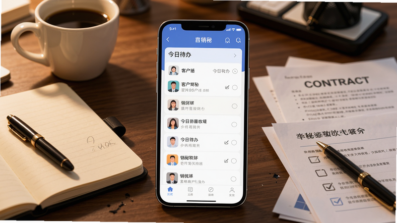 销秘软件在手机主界面上的预览图,背景是一张凌乱的办公桌,有笔记本、咖啡杯和几份合同文件,手机屏幕清晰显示销秘的客户列表和今日待办,画面色调偏暖,突出商务实用感。