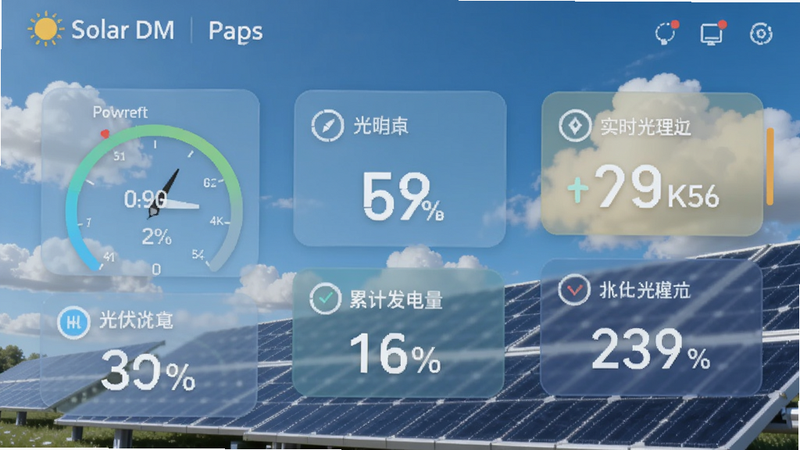 Solar DM app主界面,展示光伏发电数据仪表盘,背景为蓝天白云和太阳能电池板,画面中央有实时功率、累计发电量等数值,色调清新科技感,适配Boogu模型生成