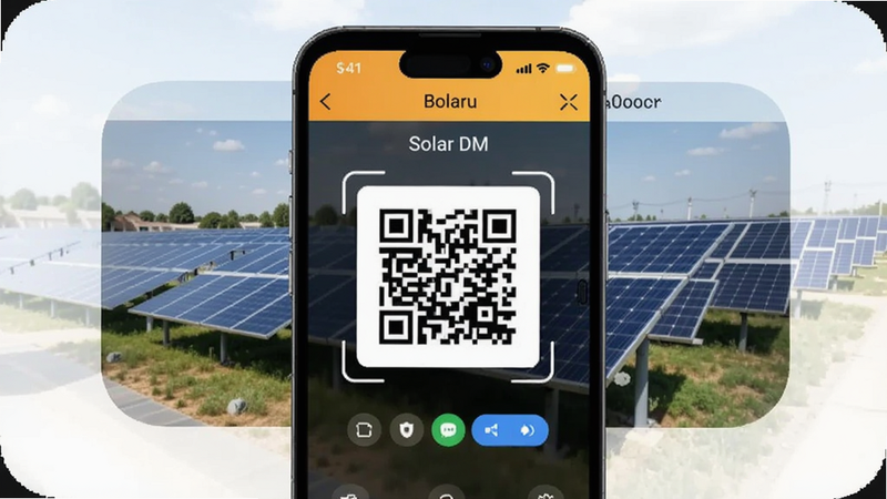 Solar DM添加设备步骤界面,手机屏幕显示扫描二维码页面,背景有光伏电站实景图,适配Boogu模型生成