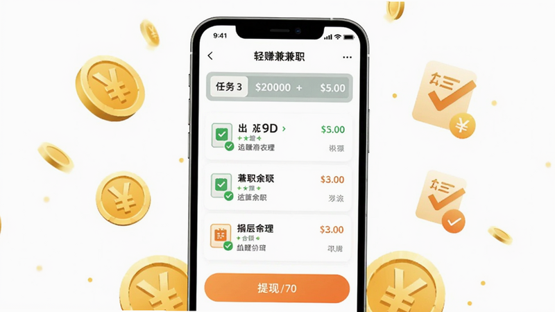轻赚兼职APP主界面预览图,手机屏幕显示任务列表、余额和提现按钮,背景为简约白色,整体明亮清爽,突出兼职赚钱主题。画面中央是手机模型,背景有金币和任务图标装饰。