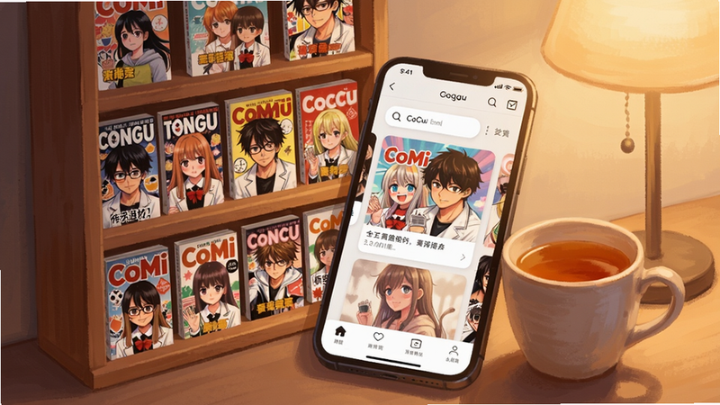 A detailed illustration of CoMi comic reader app interface on a smartphone, showing a cozy bookshelf with colorful manga covers, soft warm lighting, and a cup of tea beside the phone, modern minimalist style, suitable for Boogu model generation.
