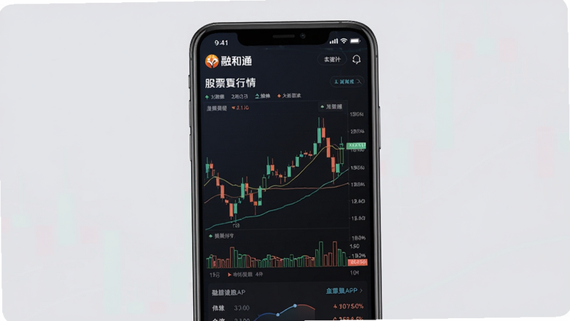 融和通APP主界面预览图,展示股票行情页面,背景为深色金融风格,中央显示K线图,左上角有融和通logo,整体简洁专业