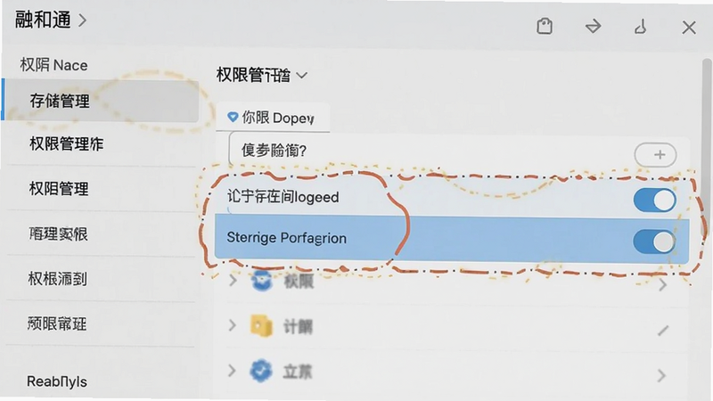 融和通设置界面截图,显示权限管理页面,突出存储权限开关,背景为浅色设置列表