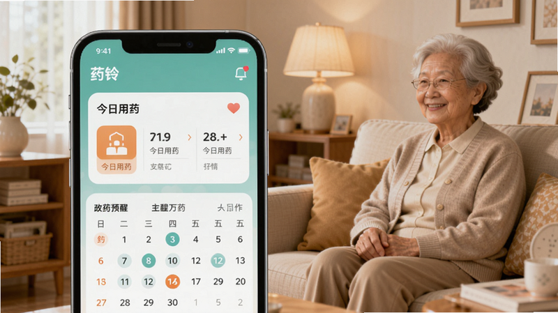 药铃用药提醒预览图,画面主体为手机屏幕显示药铃主界面,上方有“今日用药”卡片,下方有日历标记,背景为暖色调家庭客厅,沙发上坐着一位老人,整体温馨明亮,适配Boogu模型生成。
