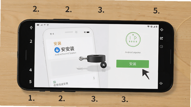 药铃安装步骤示意图,手机屏幕显示安卓应用安装界面,点击安装按钮,旁边有箭头指示,背景为纯色桌面,步骤编号清晰,适合教程配图。