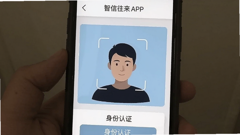 智信往来APP内操作步骤截图,手机界面显示身份认证页面,人脸识别框对准面部,背景是淡蓝色,人物为半身剪影,符合Boogu模型生图要求。