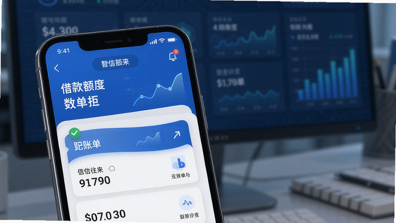 智信往来APP主界面展示,手机屏幕显示借款额度与账单列表,背景为干净简洁的金融科技风格,蓝色主色调,界面清晰直观,适配Boogu模型生成。