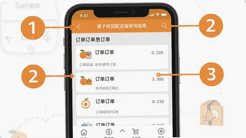 橙子校园配送端使用指南步骤截图,模拟手机屏幕上展示订单列表和导航界面,周围有数字标注1、2、3表示操作步骤,背景为干净简洁的白色,整体风格扁平化,适合教程说明。