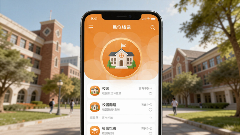高清数字渲染,橙子校园配送端App主界面展示,画面中央是一个智能手机屏幕,屏幕上显示配送订单列表,背景层是模糊的大学校园景色,如教学楼和绿树,整体色调明亮温暖,突出校园配送主题。注意细节:手机屏幕上的App图标为橙色圆形,带有校园元素。生成符合Boogu模型的写实风格图像。