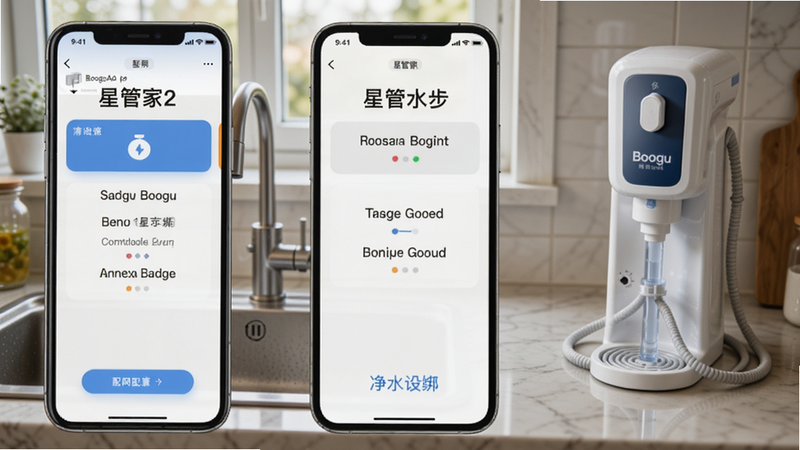 星管家App净水设备绑定操作流程图,画面以手机截图形式展示三步配网步骤,背景为家庭厨房环境,带水槽和净水器实物,适配Boogu模型生成