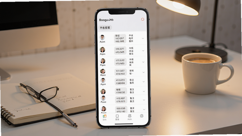 Fdy客户管理主界面截图,手机屏幕显示客户列表,包含姓名、电话、备注等字段,背景为简约办公桌,有笔记本和咖啡杯,暖色灯光,整体清晰明亮,适合Boogu模型生成
