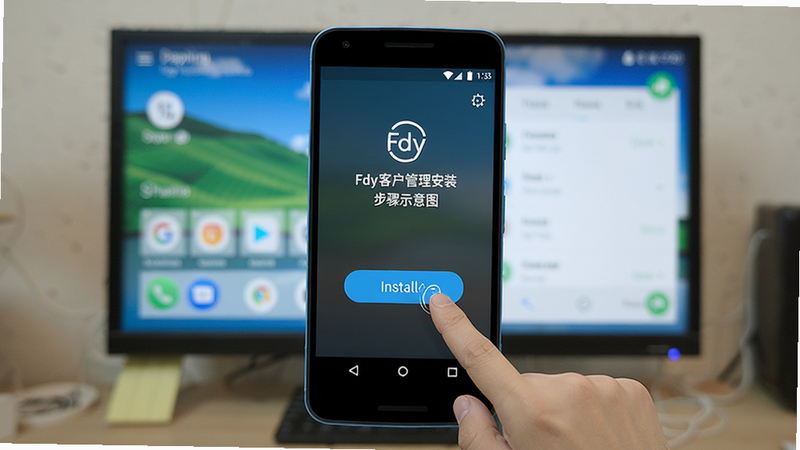 Fdy客户管理安装步骤示意图,手机屏幕显示安装界面,手指点击安装按钮,背景为安卓系统界面,简洁明了