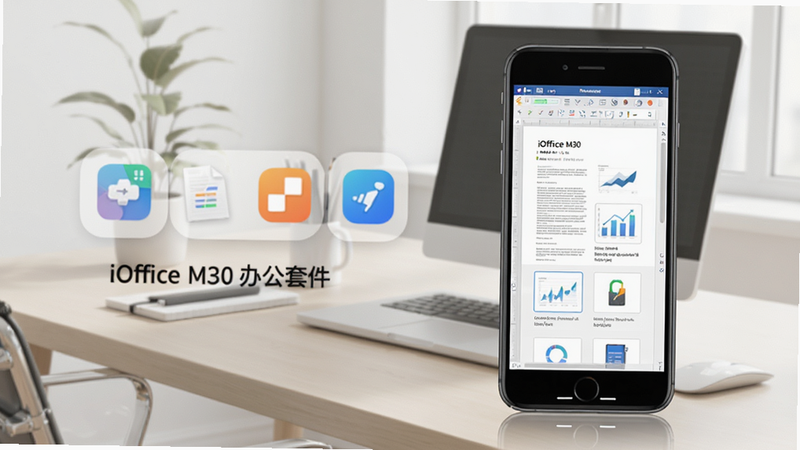 iOffice M30 办公套件主界面预览,手机屏幕显示文档编辑界面,背景为简约商务桌面,浅色色调,突出软件图标和文档缩略图,整体风格清爽专业