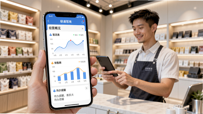 展示联通慧商APP主界面在手机屏幕上的效果,背景是现代化的实体店铺,有店主正使用手机查看经营数据。手机屏幕显示经营概览页面,包含客流曲线、销售额图表和待办提醒。背景货架整齐,灯光柔和,整体风格明亮清晰。