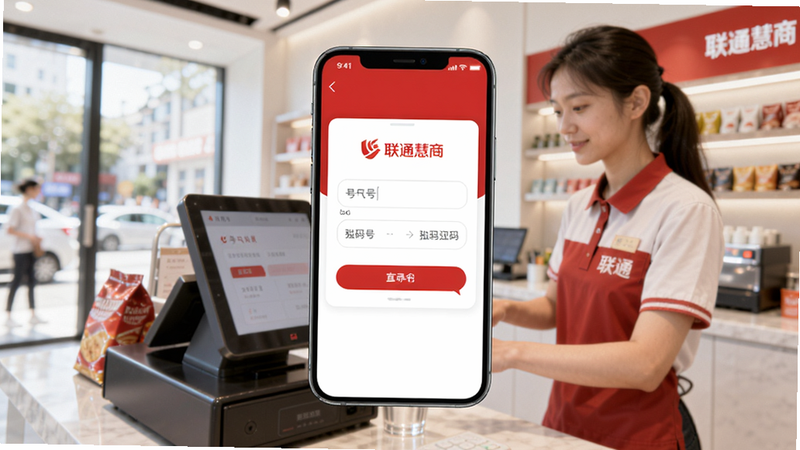 手机屏幕上显示联通慧商APP的登录界面,背景是一间明亮的店铺,有店员正在操作收银台。手机屏幕中央是登录框,输入手机号和验证码,整体色调以联通红色为主,界面简洁。