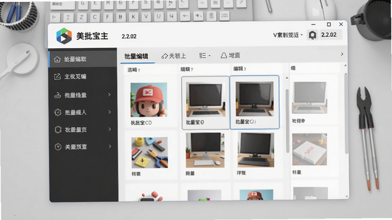 美批宝主界面预览图,展示软件主窗口左侧功能菜单、右侧批量编辑区域,背景为浅灰色工作台,顶部有软件logo和版本号2.2.02,整体风格简洁现代,适配Boogu模型生成。