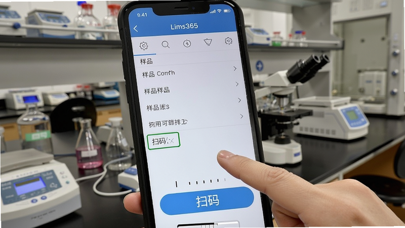 Lims365 手机端操作界面截图,显示样品列表和扫码按钮,背景为实验室场景,用户手指点击屏幕