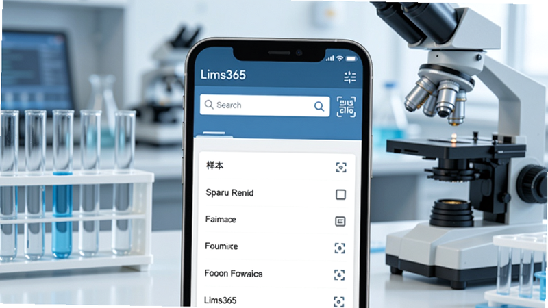 Lims365软件主界面预览图,画面中央显示一个智能手机屏幕,屏幕内是Lims365的样本列表页面,上方有搜索栏和扫码图标,背景为实验室台面,摆放着试管和显微镜,整体色调以蓝白为主,突出专业与简洁,适合Boogu模型生成。