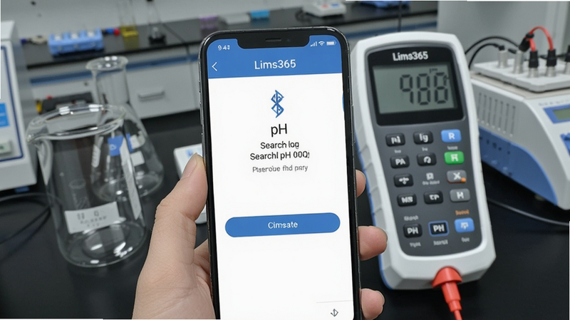 Lims365连接蓝牙仪器操作截图,画面显示手机屏幕上的蓝牙配对界面,Lims365已搜索到pH计设备,点击配对中,背景为实验台,放置着一台数字pH计和烧杯,整体光线明亮,突出设备连接场景。