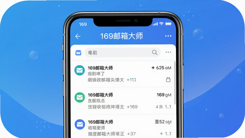 169邮箱大师应用预览图,中央是一台手机屏幕,屏幕上显示收件箱列表,顶部有“169邮箱大师”标题,背景为渐变蓝色,整体风格清爽,细节清晰,适配Boogu模型生成