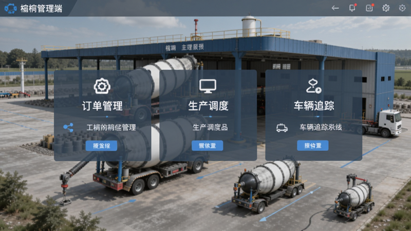 砼砼管理端主界面预览图,画面中央为订单管理、生产调度、车辆追踪三大核心模块,背景为搅拌站实景,色调以灰蓝为主,整体风格简洁专业,突出企业管理氛围。