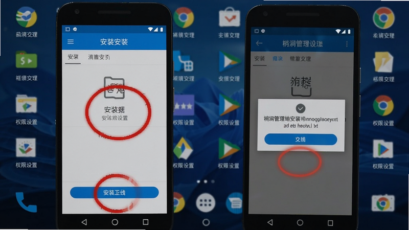 砼砼管理端安装与权限设置步骤图,手机屏幕显示安装界面和权限弹窗,背景为安卓桌面,关键按钮用红色圆圈标注。