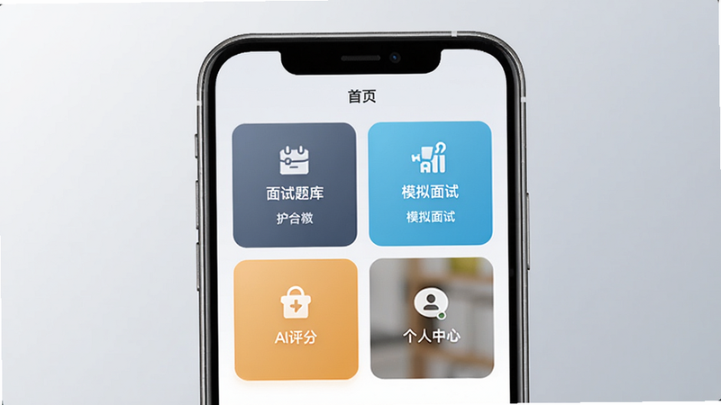 面试帮主界面预览图,展示手机屏幕内应用首页的四个核心卡片区域:面试题库、模拟面试、AI评分、个人中心,背景为浅灰色渐变,手机边框带有金属质感,整体画面居中,突出应用功能布局。
