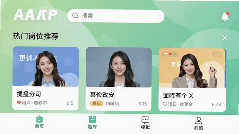 面试帮APP主界面概览,展示底部导航栏(首页、题库、模拟、我的),中央区域显示热门岗位推荐卡片,背景为柔和绿色渐变,顶部有搜索框和通知图标,整体风格简洁直观
