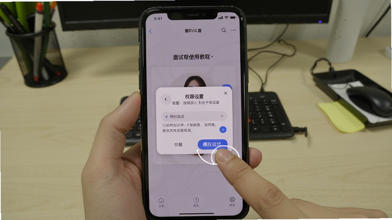 面试帮使用教程截图,展示权限设置弹窗和模拟面试界面,手机屏幕实拍风格,有手指点击操作示意,背景为办公桌环境