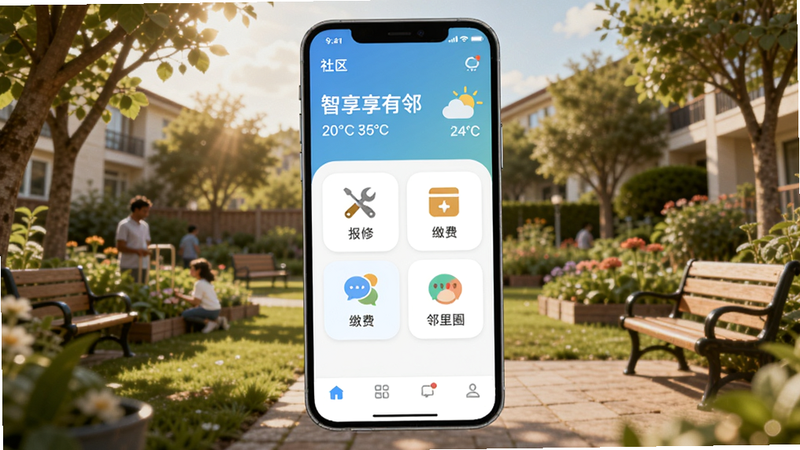 一个智能手机屏幕显示智享有邻App的主界面,顶部有社区名称和天气,中部是功能图标如报修、缴费、邻里圈,底部导航栏,背景是阳光下的社区花园,有树木和长椅,色调温馨明亮,整体风格现代简洁,突出邻里和谐氛围。