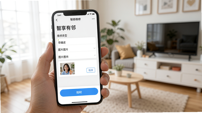 用户正在手机上打开智享有邻App的报修界面,显示填写维修类型、描述和图片上传,屏幕上有一个提交按钮,背景是室内客厅,光线充足,手机屏幕清晰显示界面元素。